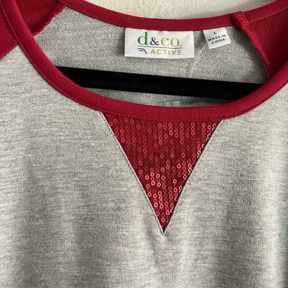 Denim & Co. Active Women L Red Gray French Terry Top With Sequin Detail NWOT - Picture 5 of 10